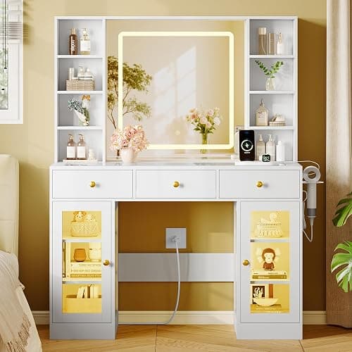 Makeup Vanity Desk with HD Lighted Mirror & Power Outlet, Glass Top Vanity Table Set with Storage Drawers & RGB Cabinets, Large Dressing Table with 3 Lighting Modes for Bedroom Women Girls Kids, White thumbnail 8