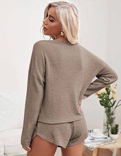 Ekouaer Womens Waffle Knit Pajama Sets Long Sleeve Top and Shorts Matching Lounge Set Loungewear Sweatsuit with Pockets thumbnail 3