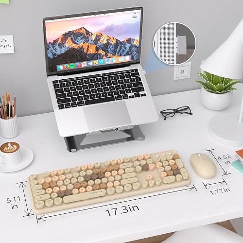 UBOTIE Colorful Computer Wireless Keyboards Mouse Combos, Typewriter Flexible Keys Office Full-Sized Keyboard, 2.4GHz Dropout-Free Connection and Optical Mouse (Milk Tea -Colorful) thumbnail 6