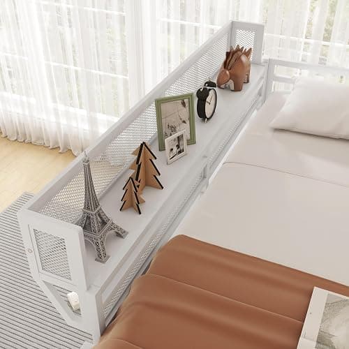 KEIKI Full Size Metal Loft Bed Frame with Ladder and Built-in Storage Shelves, for Teens, Modern Style Loft Bed with Solid Slats, Guardrail, No Box Spring Required, Easy Assembly, for Bedroom, White thumbnail 5