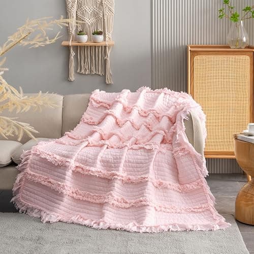 Ultra Soft Pre-Washed Quilted Throw Blanket, Ruffle Fringed Pink Boho Decorative Throw, Stone Washed Chic Rustic Blanket for Sofa Couch Bed Chair, 50"x 60" thumbnail 3