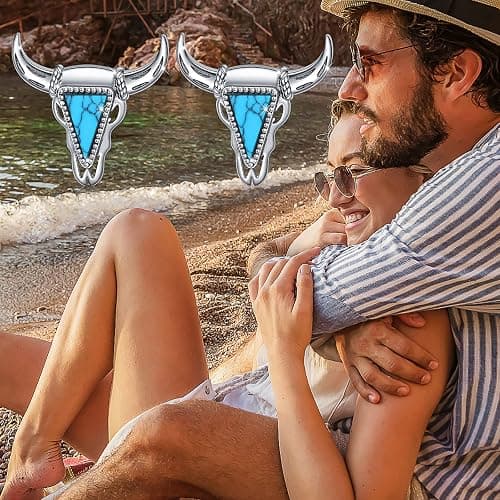 Western Cow Set 925 Sterling Silver Turquoise Cow Skull Earrings/Choker Necklace Cowgirl Boot Dangle Earrings Cowgirl Cowboy Jewelry Set Bohemian Jewelry Gift for Women Men - Western Cow thumbnail 5