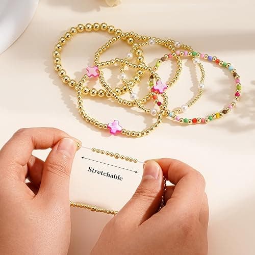 M MOOHAM Boho 14K Gold Plated Bracelets for Women - Elastic Cross Beaded Bracelet Stack Stretch Pearl Bead Bracelet Colorful Christian Jewelry Set Religious Gifts for Women Teen Girls thumbnail 6