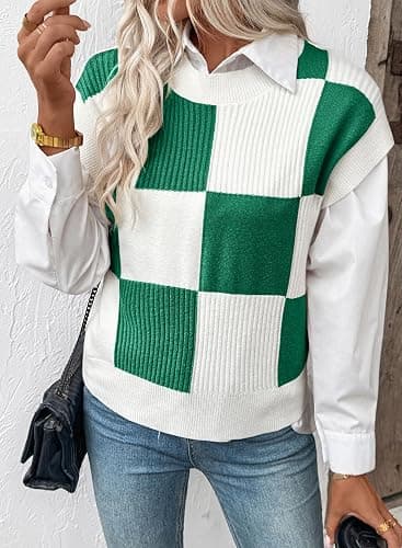 EVALESS Short Sleeve Sweater for Women Crewneck Color Block Knit Tops 2025 Fall Trendy Cap Sleeve Sweater Vest thumbnail 5