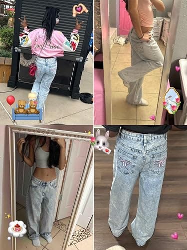 Peakpride Jeans for Teens Girls Baggy Wide Leg Elastic Waist Bowknot Embroidery Denim Pants Y2K Trendy Streetwear 12-16Y - Light Wash - 14 Years thumbnail 7