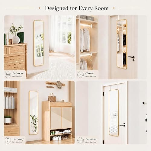 SCWF-GZ 47x14 Full Length Mirror Over the Door Hang or Wall Mounted Gold | HD Clear Tempered Glass,Aluminum Frame Rect Full Body Dressing Make-up Mirrors for Bedroom,Bathroom, Entryway,Living Room thumbnail 3