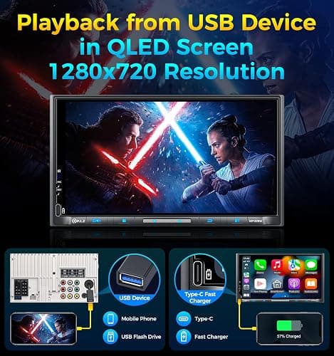 PLZ 7" Wireless Double Din Car Stereo Apple Carplay Radio QLED Screen for Car, Android Auto, Bluetooth 5.3, Fast Charger, 1080P Backup Camera, 4.2 Channel Outputs 240W, 2 Subwoofer thumbnail 6