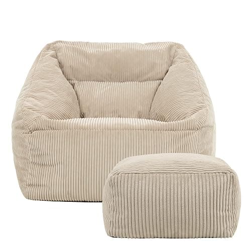 Icon Natalia Sitzsack Sessel mit Hocker für Erwachsene, Beige, Flauschiger Cord Stoff, Riesen Sitzsack Cord mit Füllung, Bean Bag Chair, Bequemer Sessel Wohnzimmer, Lounge, Schlafzimmer, Büro - Beige - Sitzsack + Hocker thumbnail 5