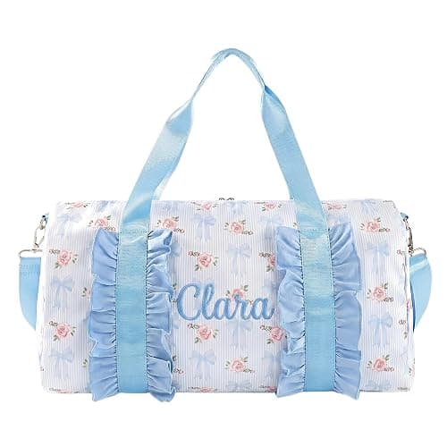 Personalized Custom Embroidered Ruffle Duffle Bag for Teen Girls | Custom name embroidery, cute ruffle trim, large duffle bag for sleepovers, school, trips. Lightweight 0.8lb, water-resistant - Image 1