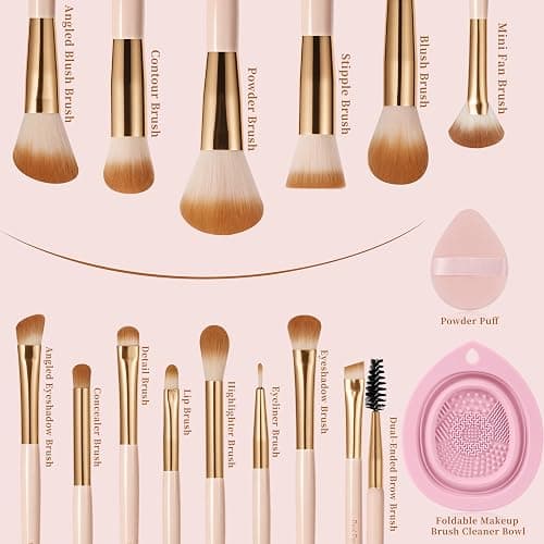Real Perfection Makeup Brushes Set 14 Pcs with 1 Foldable Silicone Cleaner Bowl and 1 Powder Puff, Professional Foundation Eyeshadow Concealer Blush Powder Bronzer Make up Brushes Kit - Pink thumbnail 2