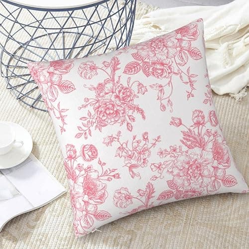 Pink and White Floral Throw Pillow Covers 18x18 Inches Set of 2, Decorative Vintage Chinoiserie Flower Pillow Case Farmhouse Cushion Covers for Sofa Bed Couch Living Room thumbnail 2