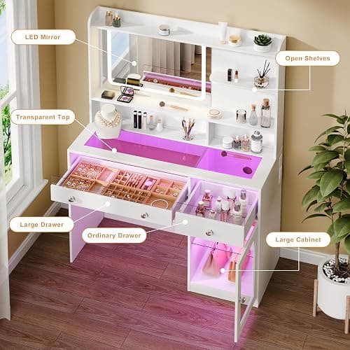 Korfile Vanity Desk, Makeup Vanity Desk with Mirror and Lights 3 Colors, Transparent Top with 2 RGB Drawers, 3 Shelves, 1 Large Tempered Cabinets, Power Outlet for Bedroom, White thumbnail 3