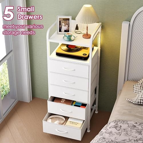 Fixwal Tall Dresser with 5 Drawers for Bedroom, 40 Inch LED Tall Nightstand with Charging Station, Night Stand White Dresser with PU Finish, Bedside Table for Dorm thumbnail 4