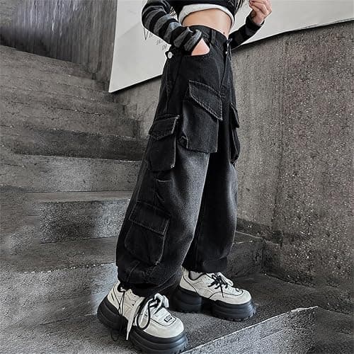 Multi Pockets Cargo Jeans for Teen Girls Trendy Denim Baggy Loose High Waist Wide Leg Long Pants Kids Stretchy Elastic Rue 21 Jeans for Teen Girls Girl Jean Shorts 12-14 thumbnail 2