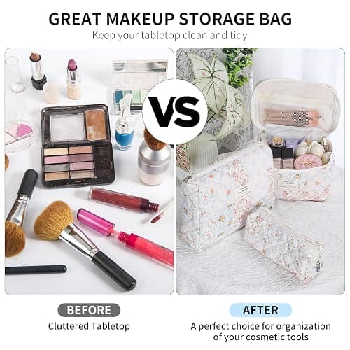 senbowe Floral Makeup Bag, 3 Pack Large Cotton Quilted Makeup Bag Set, Cute Floral Coquette Aesthetic Toiletry Bag Make Up Cosmetic Bag for Women, Toiletry Travel Make Up Organizer Bag thumbnail 4
