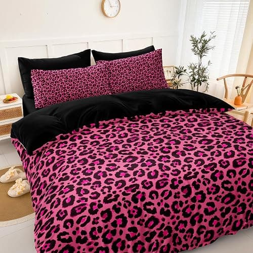 Leopard Print Comforter Queen Black and Pink Bedding Sets 8 Pcs Hot Pink Cheetah Animal Print Texture Wild Leopard Bed in A Bag with Comforter and Sheet Set thumbnail 2
