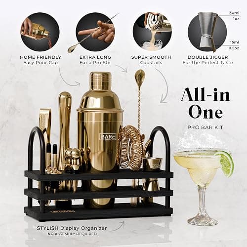 BARE BARREL® Mixology Bartender Kit Bar Set | 14-Piece Cocktail Shaker Set | Martini Barware Mixing Tools for Home Bartending | 35 Recipe Cards | Gift Set (24oz Cobbler Shaker, Gold/Black) thumbnail 2