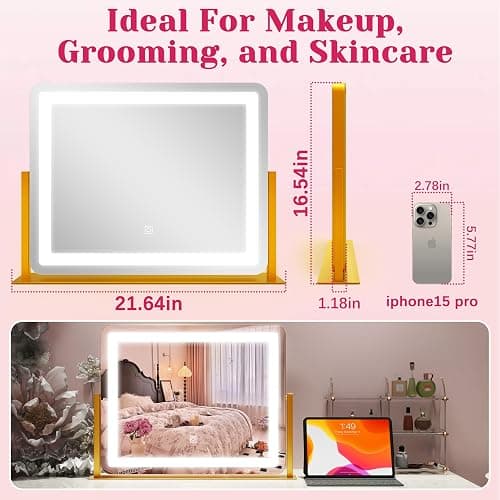 HNV Gold Vanity Makeup Mirror with Lights, 22"x17" Large Lighted Vanity Mirror, Dimmable LED with 3 Color Touch Lighting, Tabletop Mirror for Desk or Bedroom, 360° Rotation thumbnail 2