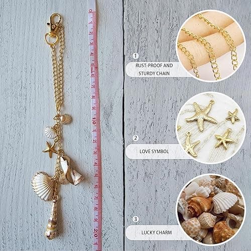 Sea Shells Car Decor,Cute Coastal Hanging Charm for Rear View Mirror, Boho Beach Themed Car Accessories,Hand-Made Starfish Conchas Aesthetic Ornament Pendant for Women - Gold thumbnail 3