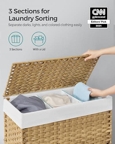 SONGMICS Laundry Hamper with Lid, 37 Gallons (140 L), Rolling Laundry Basket with Wheels, 3-Section Synthetic Rattan, Removable Liner, Bedroom, 26 x 13 x 26 Inches, Natural ULCB363N01 thumbnail 4