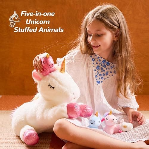 Vposyako 5 Pieces Unicorn Toys Stuffed Animals for Girls, 1 Mommy Unicorn with 4 Babies, Soft Plush Toys Gifts for Girls 3 4 5 6 7 8 9 Years, Kids, Children, Christmas, Birthday, Valentine's thumbnail 2
