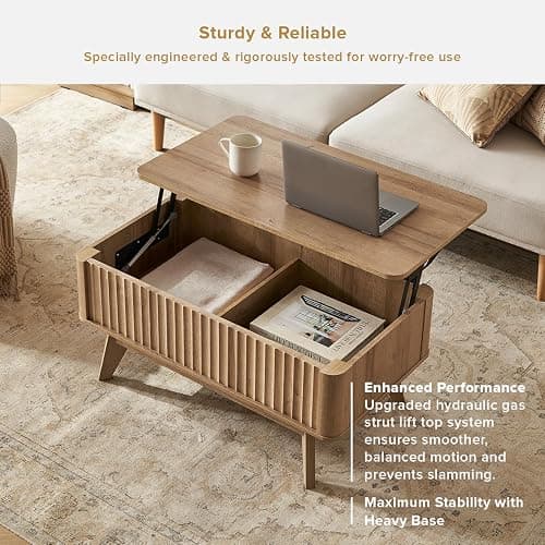 mopio Brooklyn Coffee Table, Lift Top Coffee Tables for Living Room, Mid Century, Modern Farmhouse Center Table with Lifting Top & Hidden Storage, Fluted Panel, Rising Pull Up (Oak Fluted) thumbnail 7
