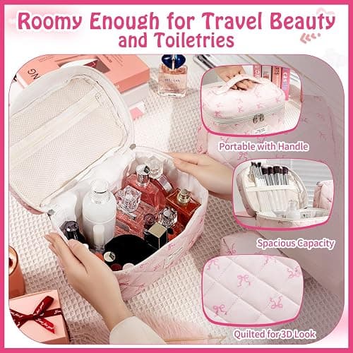 Quilted Makeup Bag, Large Capacity Travel Cosmetic Bag for Women and Girls, Aesthetic Storage for Daily and Travel Use (3PCS-Pink SlimBow) thumbnail 3