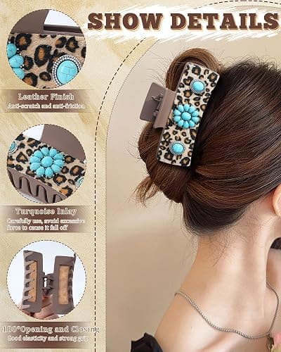 ACECHA Western Hair Claw Clips for Women, Turquoise Stone - Leopard Print Leather Hair Clips, Large Cowgirl Hair Accessories Rodeo Style Fashion Hairclips Gift (Coffee 02) thumbnail 3
