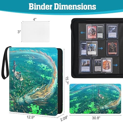 UGYAZX Top Loader Binder, 9 Pocket Holds 360 Toploaders, Acid-Free PVC-Free Side-Loading Pages, Full-Zip PU Binder for Standard 3" x 4" Top Loaders, TCG, MTG & Sports Cards, Blue Lake Dragon thumbnail 3