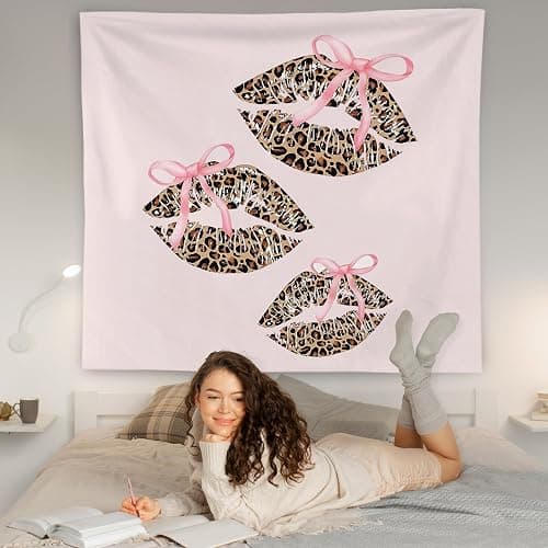 WNAGT Pink Coquette Bow Leopard Lips Tapestry Wall Hanging, Preppy Trendy Cheetah Print Kiss Lips Wall Blanket Decor for Girls Bedroom College Dorm Apartment Home, 50x60 Inch thumbnail 3
