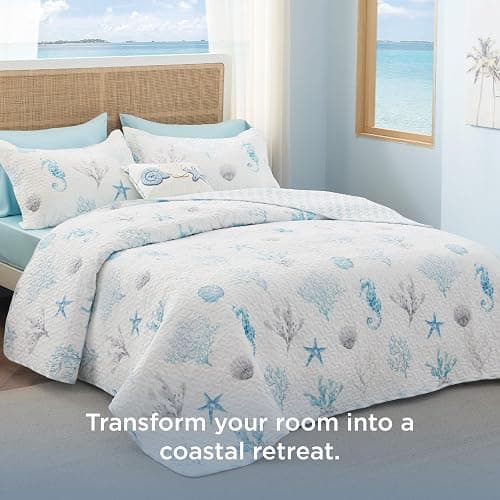 Bedsure Coastal Bedding Quilts Queen Size - Lightweight Summer Comforter Queen Size, Reversible Beach Bedding Nautical Bedspread, Soft Microfiber Blue & White Coverlet for All-Season(90"x96") thumbnail 2