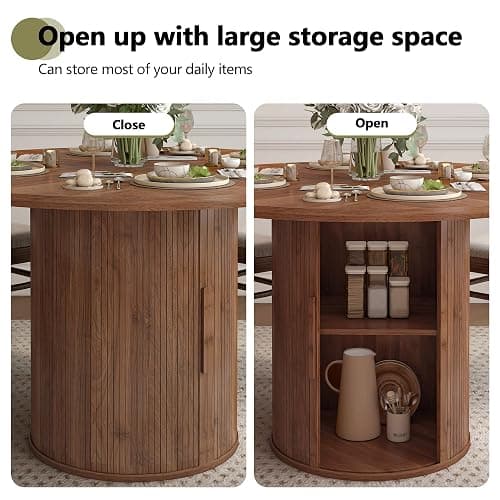 weselon 47 inch Round Dining Table for 4, Kitchen Table Dinner Table with 2-Layer Storage Shelf and Wood Slide Door for Home Dining Room Living Room (Walnut) thumbnail 5