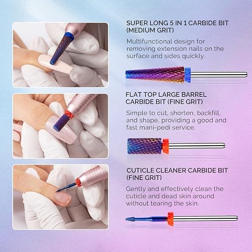 MelodySusie 3Pcs Nail Drill Bits Set, 3/32'' Carbide Tungsten Bits, Super Long 5 in 1, Flat Top Large Barrel and Cuticle Bits, Suitable for Manicure Pedicure Cuticle Gel Acrylic Remover, Purple thumbnail 4