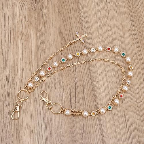 Gold Pants Chain, Stylish Pearl and Rhinestone Gold Wallet Chain with Cross Pendant, Double Layered Biker Jeans Pocket Punk Hip Fashion Charm Belt Jewelry Accessories for Women Men thumbnail 7