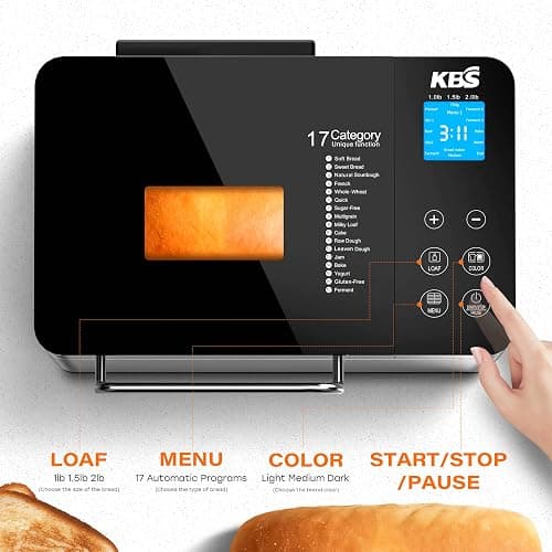 KBS Pro 710W 2LB Bread Maker, Stainless Steel 17-in-1 Smart Bread Machine with Healthy Ceramic Pan, Automatic Nut Dispenser, Tempered Glass Touch Panel, 3 Crust Colors, 15H Timer& Keep-Warm, Recipes thumbnail 4