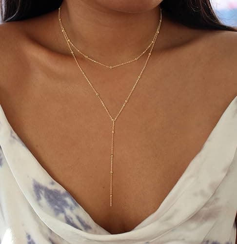 Foxgirl Lariat Gold Necklace for Women, Dainty Long Necklace 14k Gold Plated/Silver Y-Shaped Pendant Necklace Trendy Layered Cz Beaded Chain Drop Necklaces Simple Gold Jewelry For Women Gift thumbnail 4