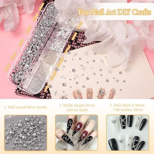 Silver Pearls for Nails, Goth Cone Nails Charms Nail Chain Charms and Metal Gothic Spike Nails Beads Star Rivet Jewelry Accessories Flatback Pearl for DIY Crafts thumbnail 2