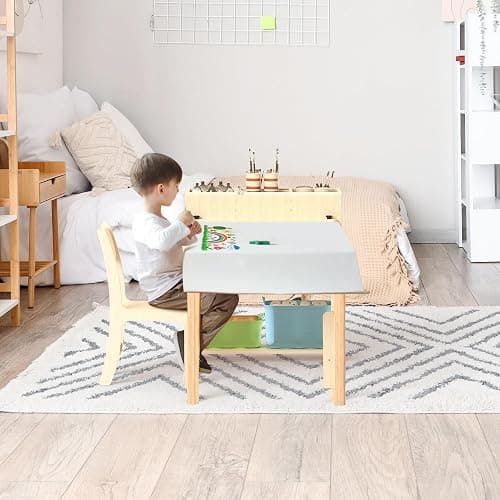 Puecrof Bureau Enfant avec Chaise en Bois de Bouleau – Table Créative avec Rangement pour Dessin, Bricolage et Jeu thumbnail 7