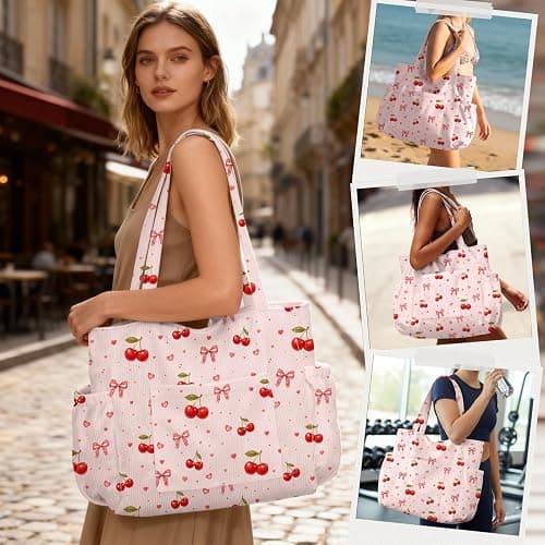 Corduroy Tote Bag for Women,Large Capacity Cute Tote Bags With 6 Pockets,Crossbody Shoulder Handbag for Work Travel Gym thumbnail 2