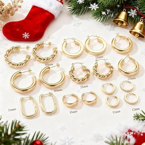 Yesteel 9 Pairs Gold Hoop Earrings for Women, 925 Sterling Silver Post 14K Real Gold Plated Chunky Hoop Earrings Set for Women Hypoallergenic Thick Lightweight Earring for Womens Jewelry Gifts thumbnail 6