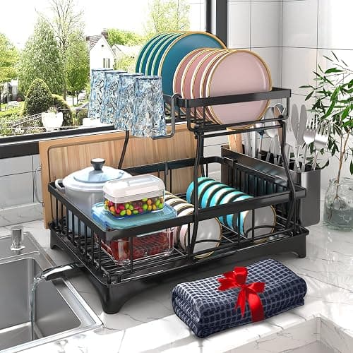Godboat Dish Drying Rack, 2-Tier Dish Racks for Kitchen Counter, Dish Rack with Drainboard & Mat, Dish Drainer with Knife, Fork & Cup Rack, Gifts for Women, Mothers Day, Cool Stuff & Kitchen Gadgets - X-Large thumbnail 7