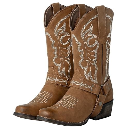 J's.o.l.e Women's Square Toe Cowgirl Cowboy Boots Mid Calf Western Riding Boots with Fashion Buckle Strap - Image 1