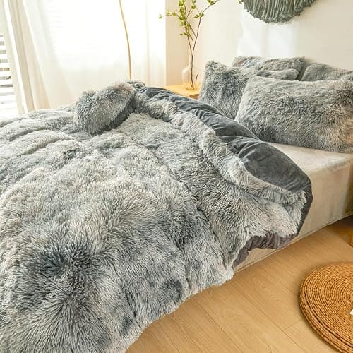 Besfunny Plush Fluffy Tie Dye Dark Gray Comforter Cover Queen Set – Faux Fur Plush Tie Dye Dark Gray Bedding 3-Piece Set (1 Duvet Cover + 2 Furry Pillow Shams) Cozy Bed Set thumbnail 4