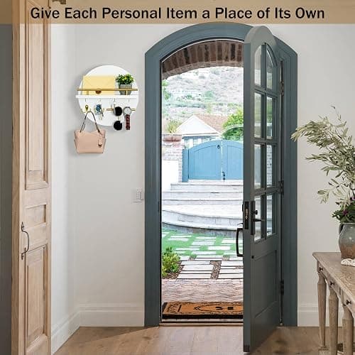 Key Holder for Wall Decorative with Shelf and Hooks, Mail Organizer Wall Mount with Sunglasses Holder, Circular Design Entryway Key Rack Hanger, Rustic Home Decor Boho Wall Decor (White) thumbnail 5