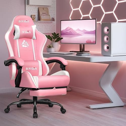 N-GEN GAMING Video Gaming Chair with Footrest Lumbar Support for Home Office High Back Recliner Height Adjustable Ergonomic Comfy Leather Computer Desk Chair (Pink) thumbnail 2