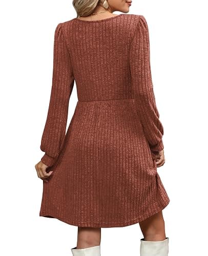 OFEEFAN Womens Knit Sweater Dress with Pockets Square Neck Long Sleeve Dresses thumbnail 4
