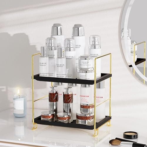 FSyueyun 2-Tier Bathroom Countertop Organizer, Tool-Less Installation Premium Plastics Makeup Shelf Organizer Perfume Skincare for Dresser Vanity Tray Organizers and Storage (Gold & Black) thumbnail 6