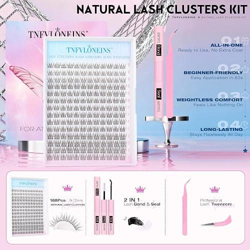 Natural Lash Extension Kit 168Pcs Lash Clusters Kit Wispy Eyelash Extensions 9-12MM Individual Lashes Extensions with Bond and Seal Lash Glue and Eyelash Extension Tweezers DIY at Home by TNFVLONEINS thumbnail 2