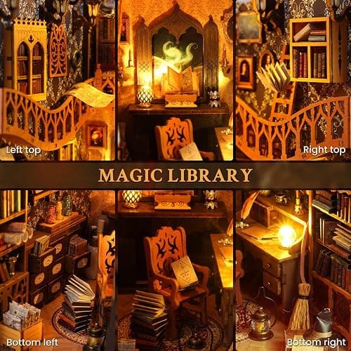 Book Nook Kit, DIY Dollhouse Booknook, Miniature House Kit for Adults and Teens, Library Tiny okshelf Decor, 3D Wooden Puzzle Bookends with Sensor Led Light, Gifts for Family, Friends thumbnail 4