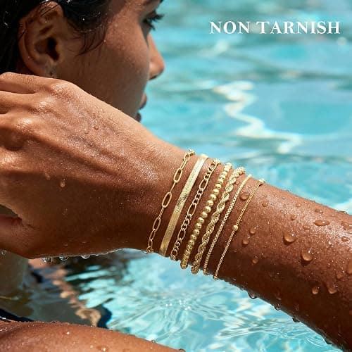 M MOOHAM Mothers Day Gifts, 7PCS Gold Bracelets for Women - 14K Real Gold Plated Beaded Bracelets Set Rope Paperclip Chain Stackable Bracelet Non Tarnish, Friendship Birthday Jewelry Gifts for Women thumbnail 7